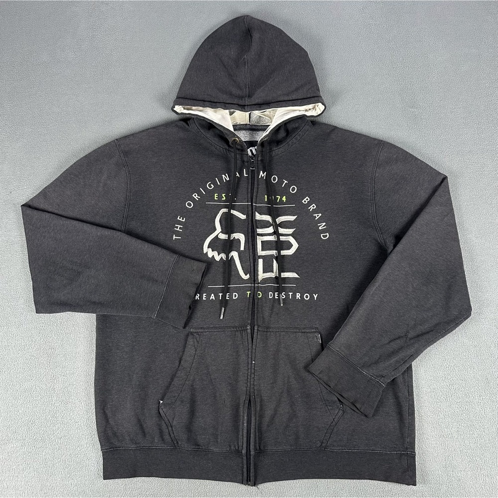 Fox Racing Hoodie Jacket Mens XL Grey Distressed Faded Motocross Moto‎ Y2K Skate